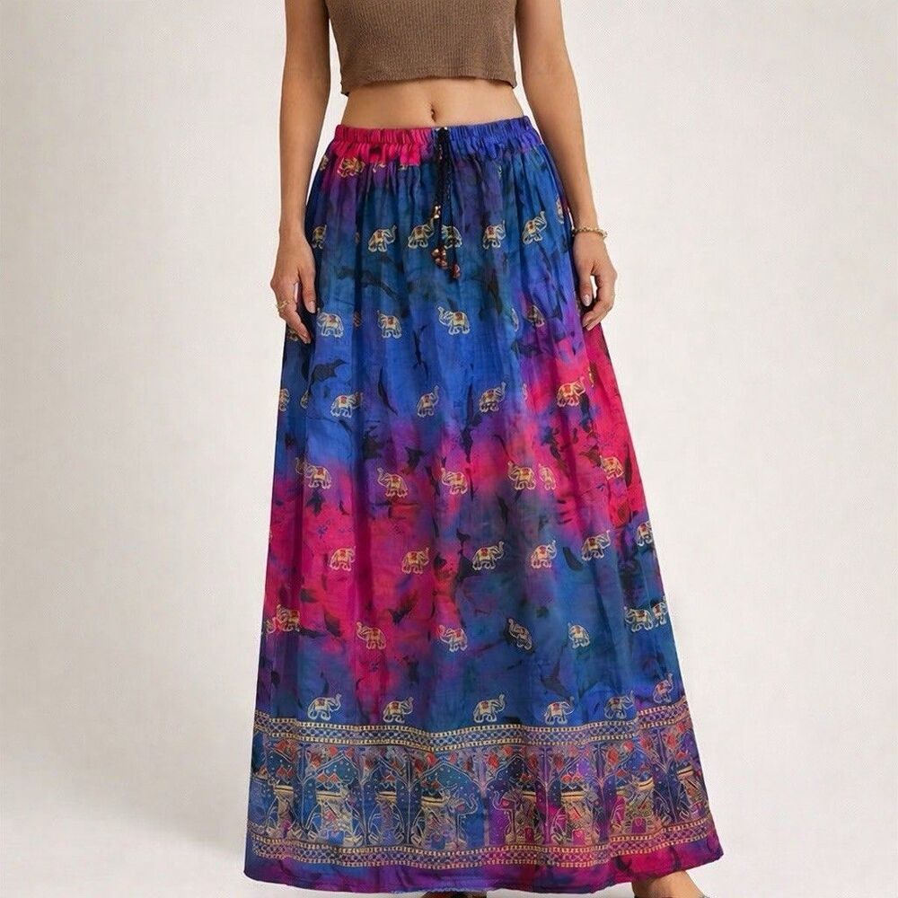 Jessica Taylor Elephant Print Maxi Skirt OSFM Boho Tie Dye Rayon India
